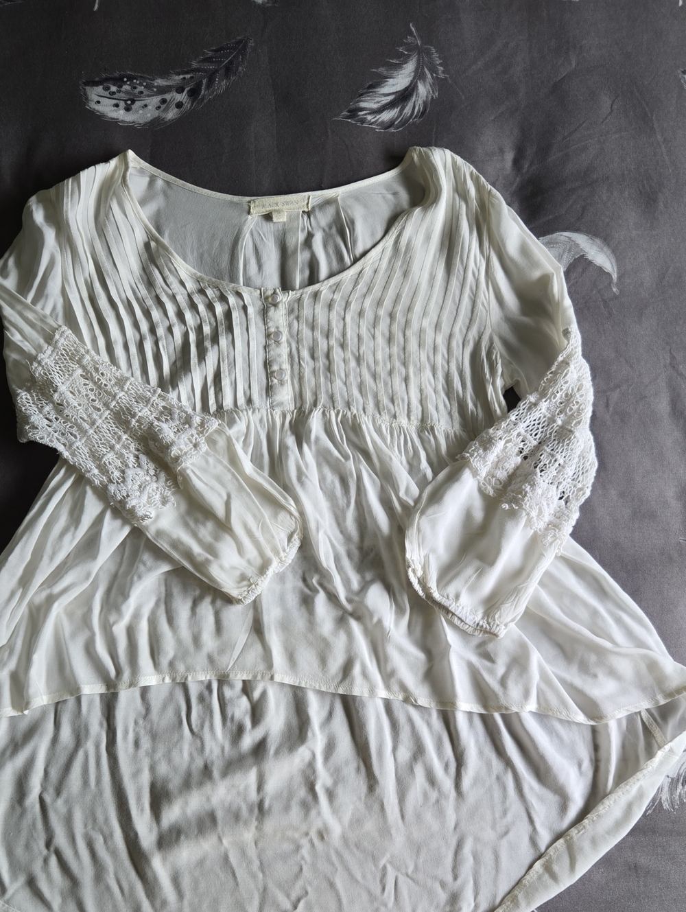 Black Swan Ivory Pintuck Peasant Blouse with Lace Sleeves